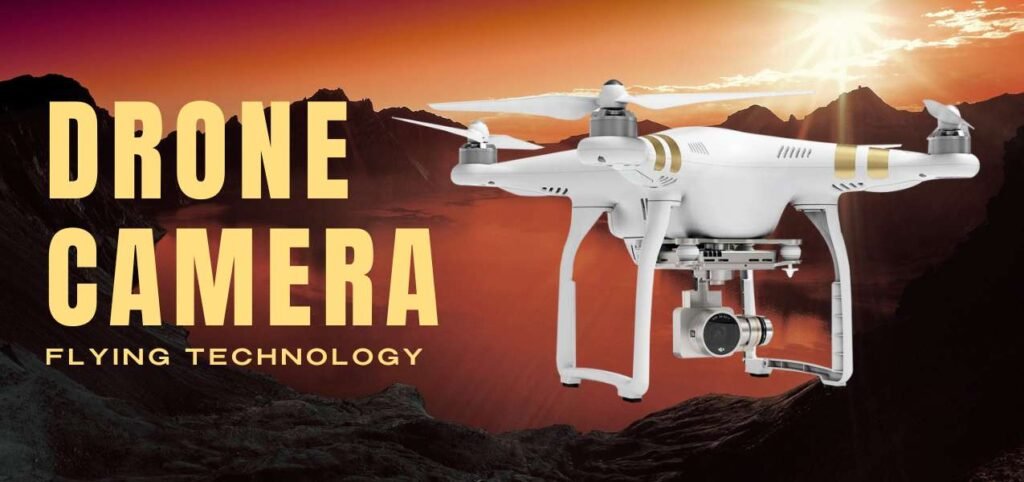 A drone with a camera hovers against a dramatic sunset backdrop with mountains. The text reads "DRONE CAMERA FLYING TECHNOLOGY.