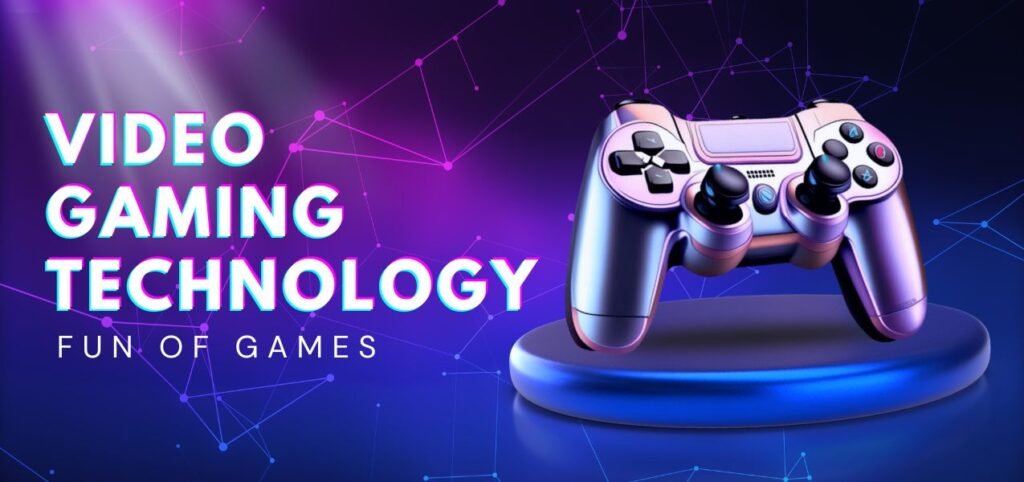 A futuristic video games controller sits on a glowing platform amid a dark, vibrant background with neon lines and dots. Text reads "Video Gaming Technology - Fun of Games.