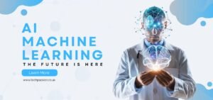 A person in a lab coat holds a glowing brain graphic, symbolizing the integration of AI and machine learning. The background is soft and modern.