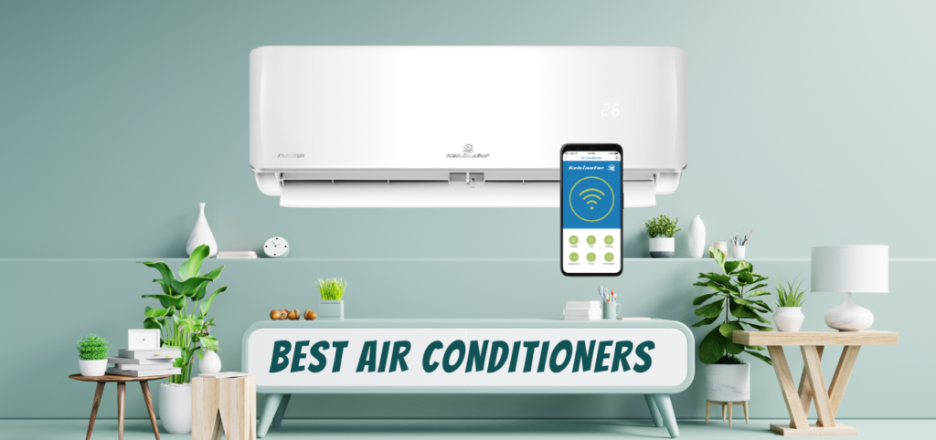 A modern, white air conditioner on a green wall is controlled by a smartphone. Below, a table with plants and décor items features a sign that reads "BEST AIR CONDITIONERS.