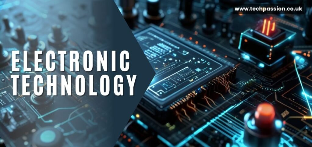 Close-up of an electronic circuit board with glowing blue and orange lights. The words "Electronic Technology" are overlaid on the left side. A website URL, "www.techpassion.co.uk," is in the top right corner.