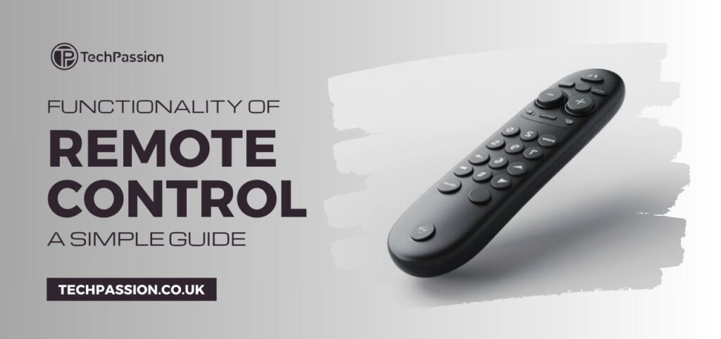 Image of a black remote control on a light gray background. Text reads: Functionality of Remote Control: A Simple Guide. Techpassion.co.uk.