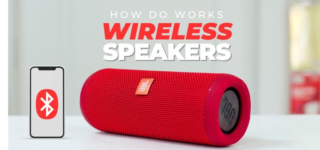 Image of a red wireless Bluetooth speaker next to a smartphone displaying the Bluetooth symbol. The background has the text "How Do Works Wireless Speakers" in large white and red letters.