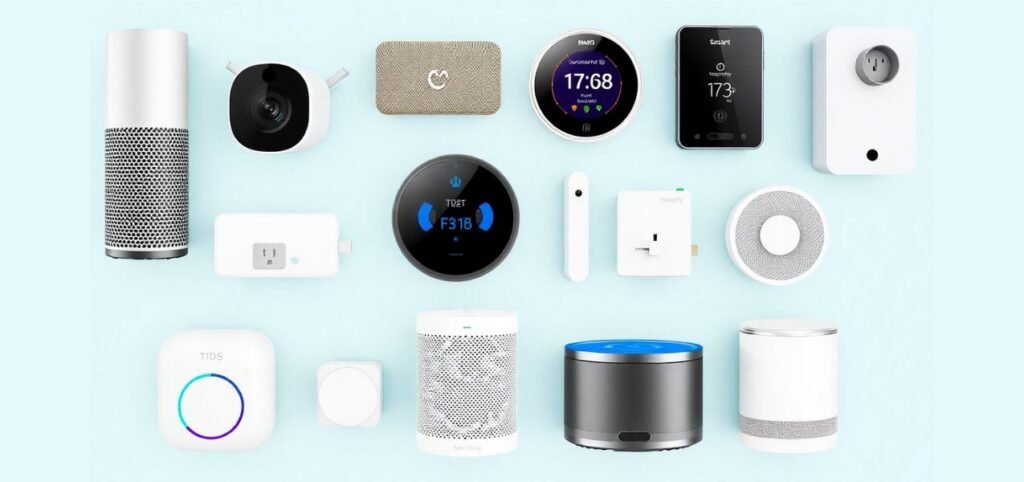 A collection of various smart home gadgets, including speakers, cameras, thermostats, and plugs, arranged on a light blue background.