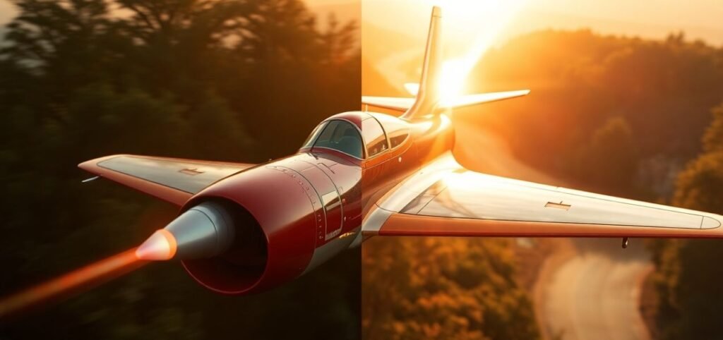 A red flying jet soars above a lush forest, illuminated by the warm hues of a sunset in the background.