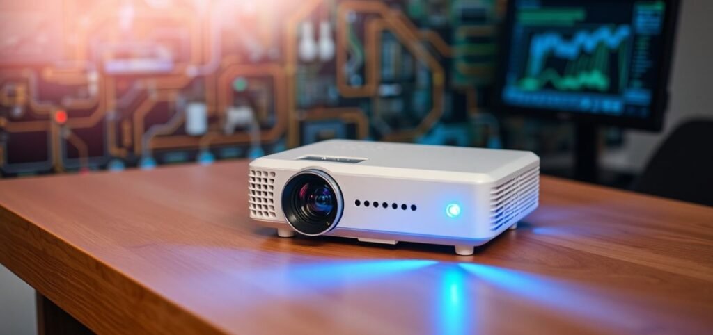 A white mini projector emits a blue light while sitting on a wooden table. In the background, there is a blurred monitor displaying graphs and a wall with a circuit board design.