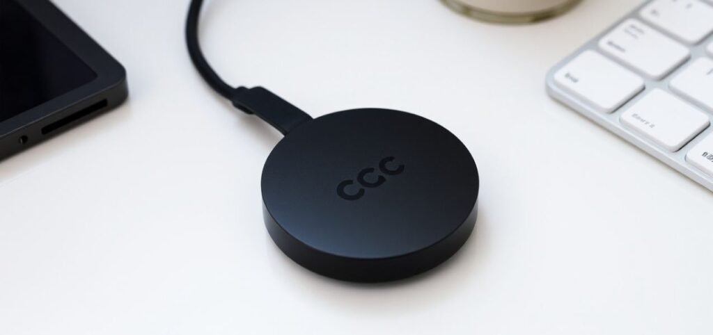 A black, chromecast device with a short cable attached, labeled CCC, is placed on a white surface. Nearby are the edge of a tablet, part of a keyboard, and a beige cup.