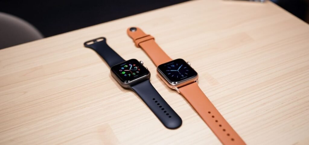 Two smartwatches on a wooden table: one with a black band and colorful icons on the screen, the other with a tan band and a blue-themed display. They are placed side by side in a well-lit room.