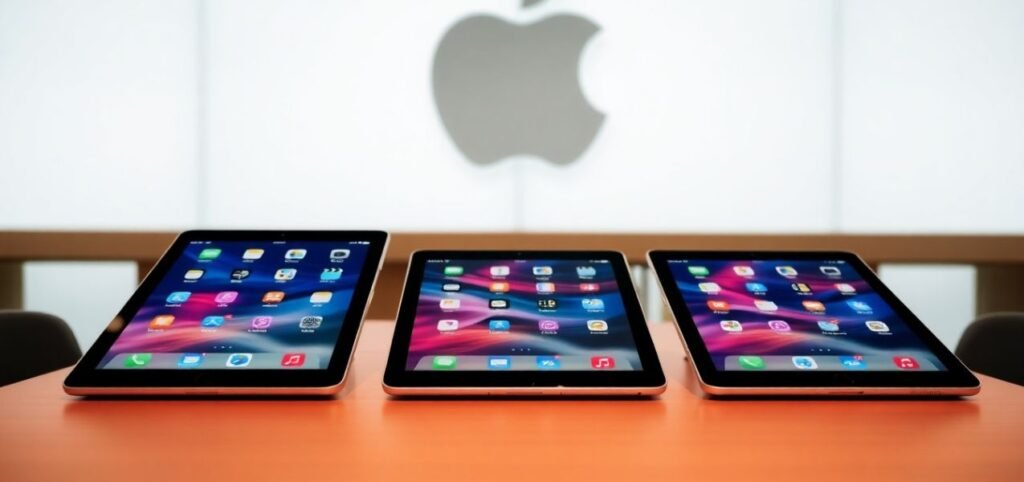 Three Apple iPad tablets with colorful app icons on their screens are displayed on a wooden table. The devices are positioned in front of a blurred, large Apple logo in the background.