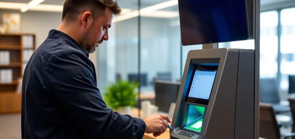 A man in a blue shirt uses an ATM-like biometric machine in a modern, brightly lit office space. The background shows blurred office furniture and a plant, creating a professional atmosphere.