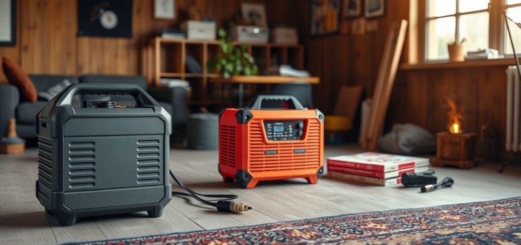 Two portable power stations are placed on a wooden floor in a cozy room. One is black, and the other is orange. A window lets in warm light, and there are books and a sofa in the background, creating a homely, comfortable atmosphere.