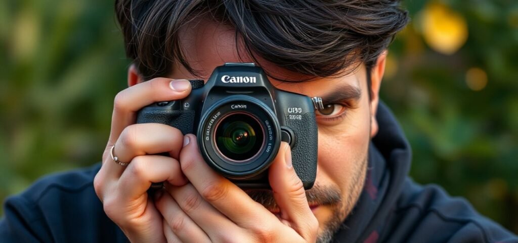 A person holding a Canon DSLR camera up to their face, with one eye visible through the viewfinder. The background is softly blurred.