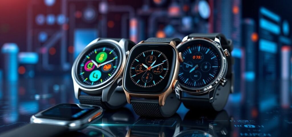 A futuristic scene featuring three smartwatches on display. Each watch shows different colorful digital interfaces. The background has blurred neon lights and tech-themed elements, creating a modern, high-tech atmosphere.