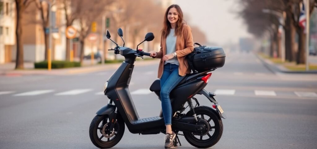 A woman comfortably sitting on a sleek black electric scooter, showcasing modern urban mobility.