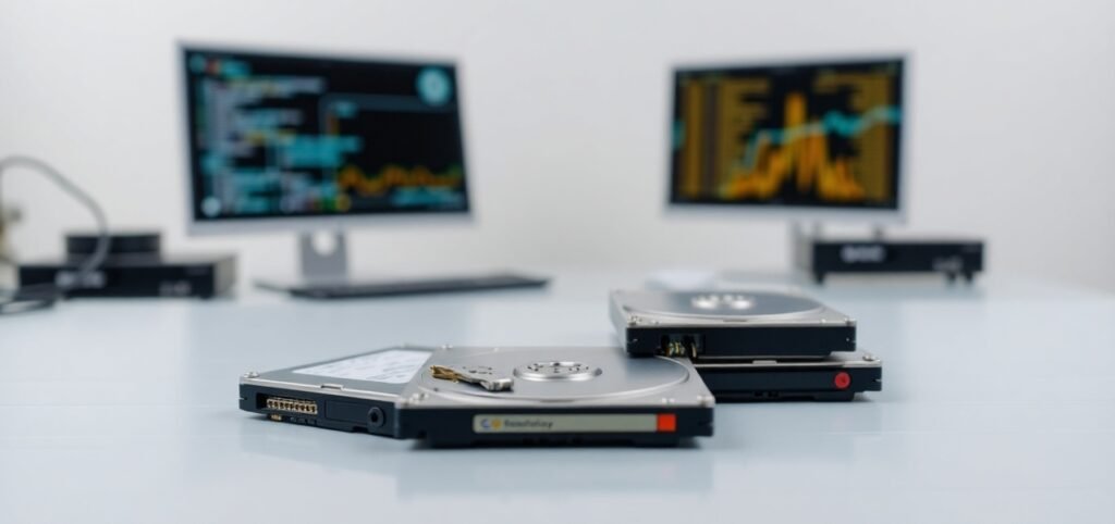 Two open hard drives are placed on a white surface. In the background, two monitors display colorful graphs and data.