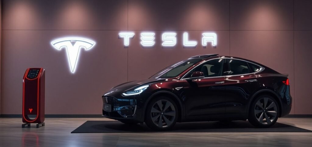 A sleek black electric car is parked indoors beside a charging station. Behind it, a large illuminated sign displays the Tesla logo and name against a softly lit wall. The setting appears modern and sophisticated.