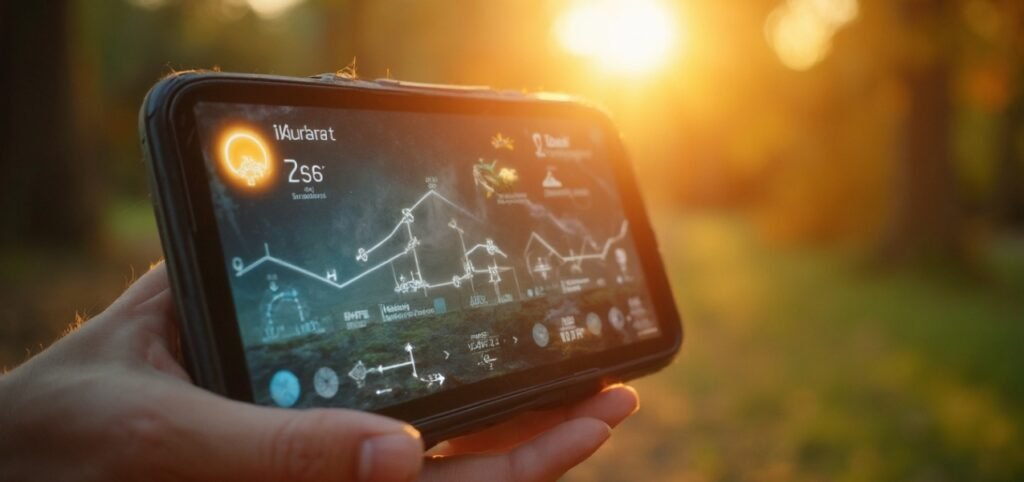 A close-up of a smartphone held in a person's hand outdoors, displaying a detailed weather forecast interface with charts and weather icons. The background features a soft, golden sunlight glow with trees and greenery, creating a warm, serene atmosphere.