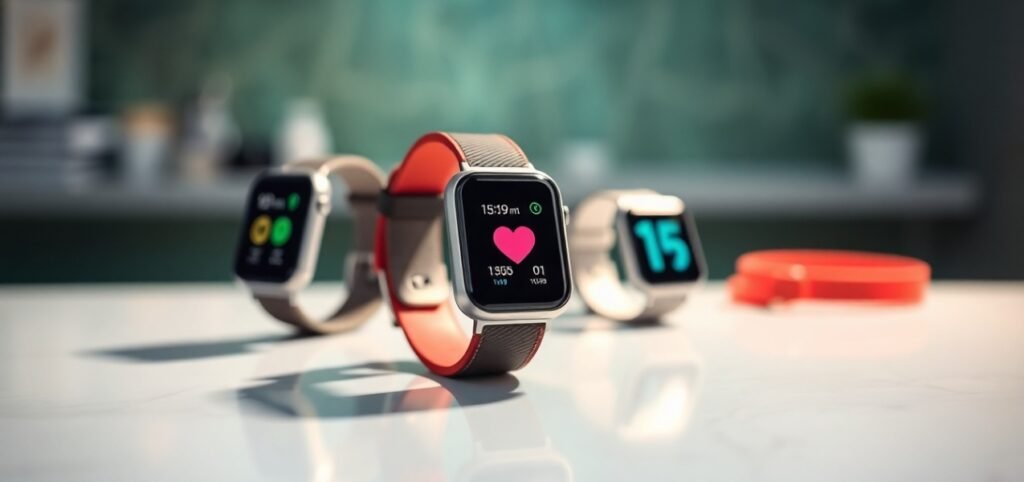 Three smartwatches with heart rate monitors displayed on a table, showcasing modern wearable health monitor technology and fitness tracking features.