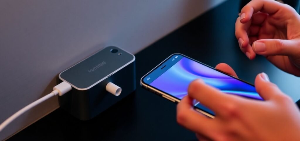 A person holds a smartphone beside a charging dock, demonstrating the convenience of mobile device charging.