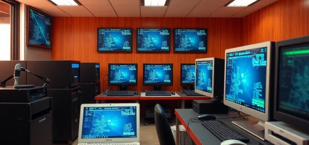 A room equipped with multiple computers and wall-mounted monitors, showcasing a modern tech workspace.