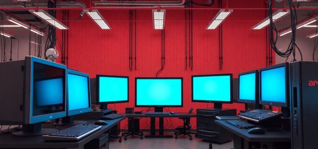 A computer room featuring four computer monitors arranged on desks, showcasing a modern workspace environment.