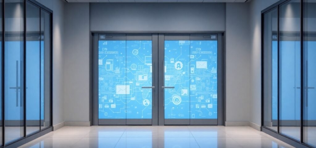 A hallway featuring glass security doors and a blue wall, creating a modern and inviting atmosphere.