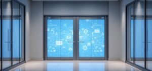 A hallway featuring glass security doors and a blue wall, creating a modern and inviting atmosphere.