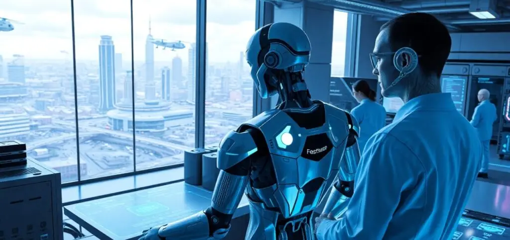 A robot and a person overlooking a futuristic city from a high-tech control room. Advanced Robotics