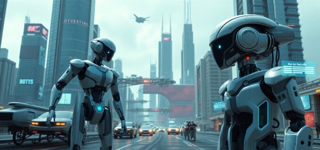 Two humanoid robots walking in a futuristic city with flying vehicles and skyscrapers