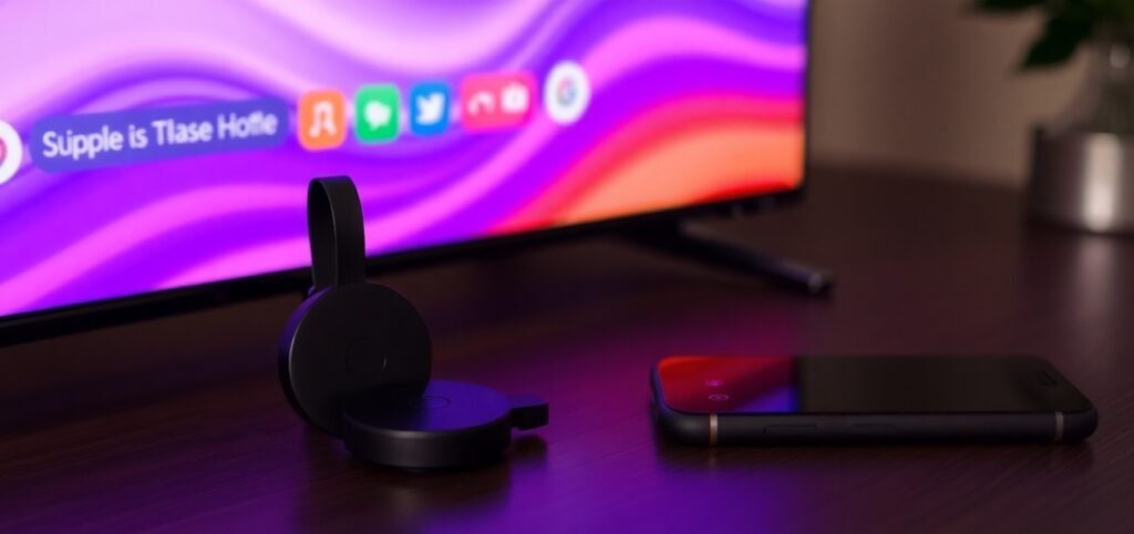 A smartphone and a streaming device sit on a table in front of a TV, displaying a colorful, wavy background and various app icons.