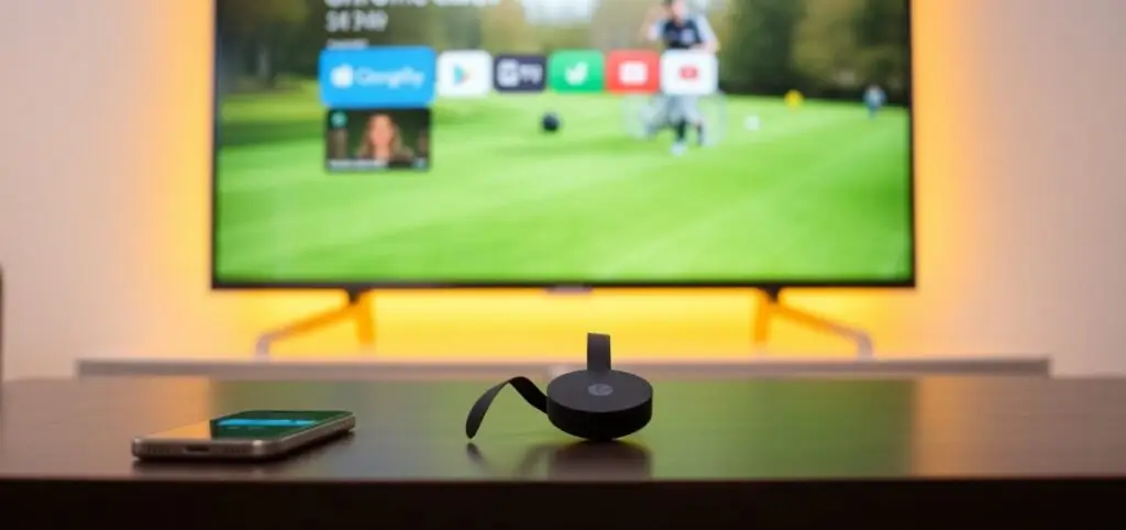 A smartphone and a Chromecast device on a table with a TV displaying a streaming interface in the background.