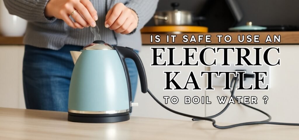 A person handling a blue electric kettle with a lid in a kitchen setting. Text overlay asks, Is it safe to use an electric kettle to boil water?. A person handling a blue electric kettle with a lid in a kitchen setting. Text overlay asks, Is it safe to use an electric kettle to boil water?.