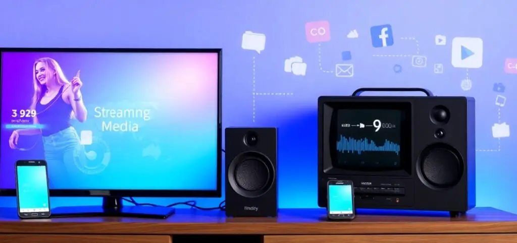 Home electronic media setup with a TV displaying "Streaming Media," smartphone, speakers, and audio system on a wooden table against a blue wall with social media icons.