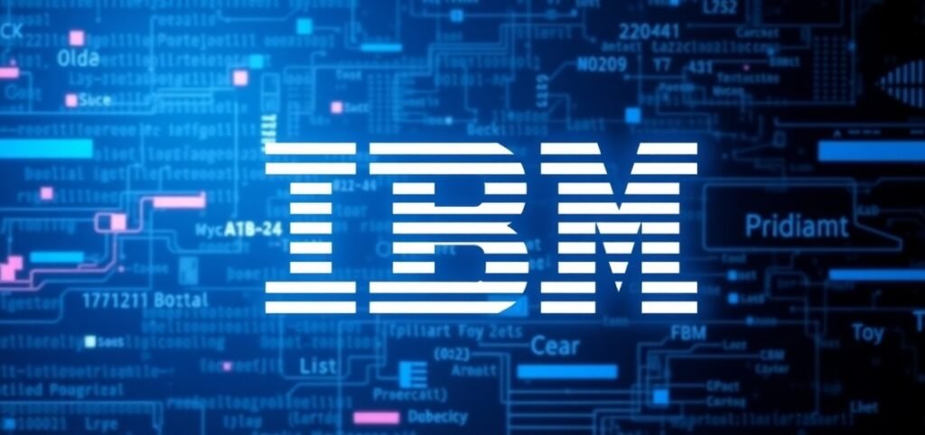 IBM logo overlaying a blue circuit board background.