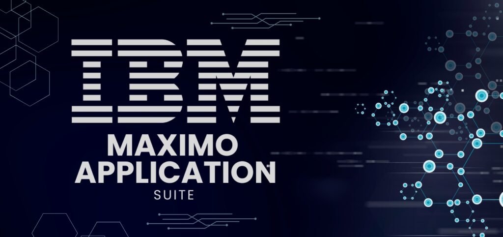 IBM Maximo Application Suite logo on a dark background with abstract geometric and circuit designs.