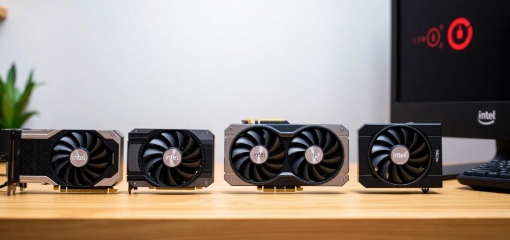 Four Intel graphics cards are displayed on a wooden surface next to a monitor with an Intel logo, in an office setting.