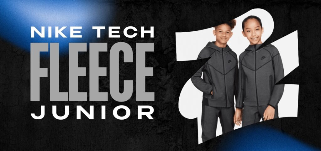 Two children wearing matching Nike Tech Fleece Junior outfits stand together, smiling. The background features a textured black design with bold text reading Nike Tech Fleece Junior in white and gray. Blue and white lighting adds visual interest.