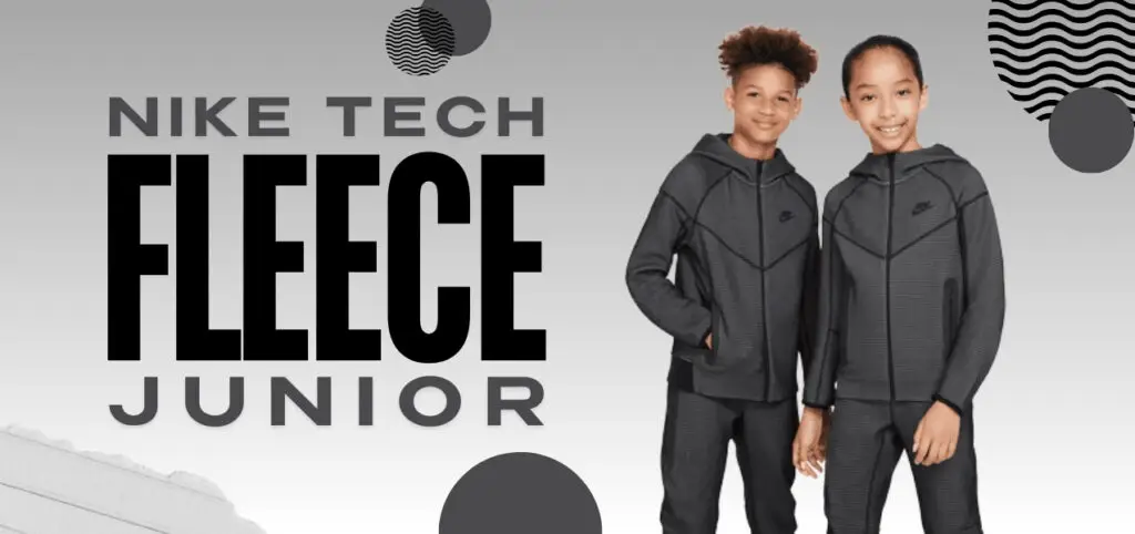 Two children wearing matching gray Nike Tech Fleece outfits stand side by side, smiling. The image is styled with black and gray geometric shapes and text that reads Nike Tech Fleece Junior.