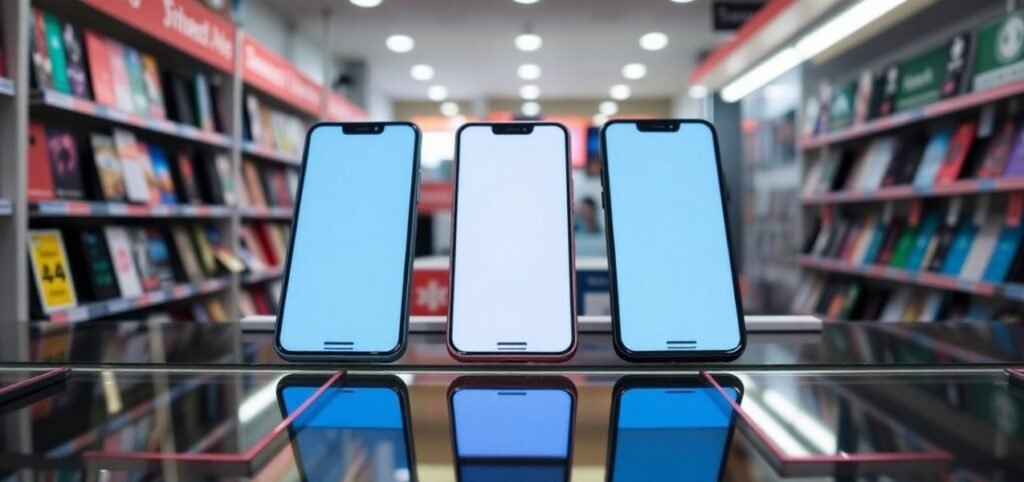 Three iPhones displayed prominently in a retail store setting, showcasing their sleek design and vibrant Mobile Phone screens.