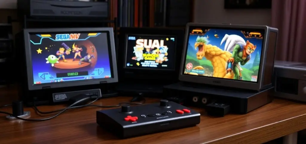 A retro gaming setup with three screens displaying video sega games and a classic game controller on a wooden table.