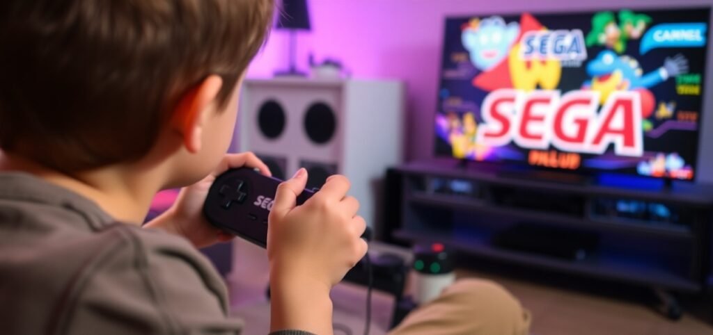 Child playing video games with a SEGA controller, facing a TV displaying a colorful SEGA game screen.