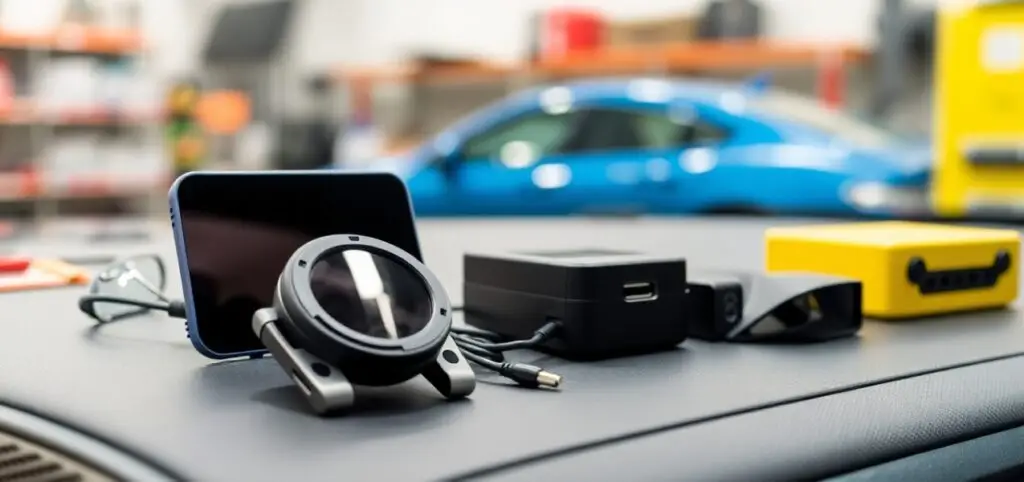 Car gadget interior featuring a cell phone charging on the dashboard, highlighting modern technology in vehicles.