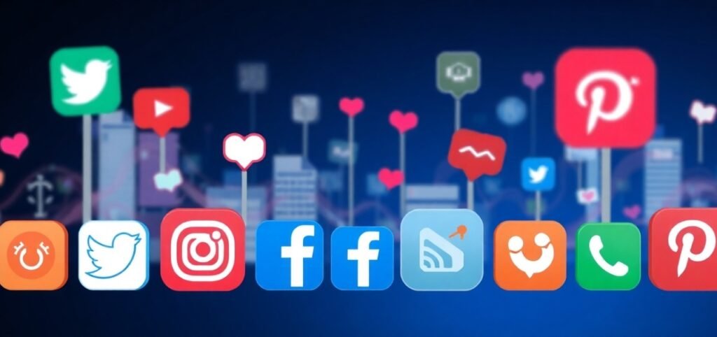 Social media icons and logos are aligned at the bottom, with a blurry cityscape background.