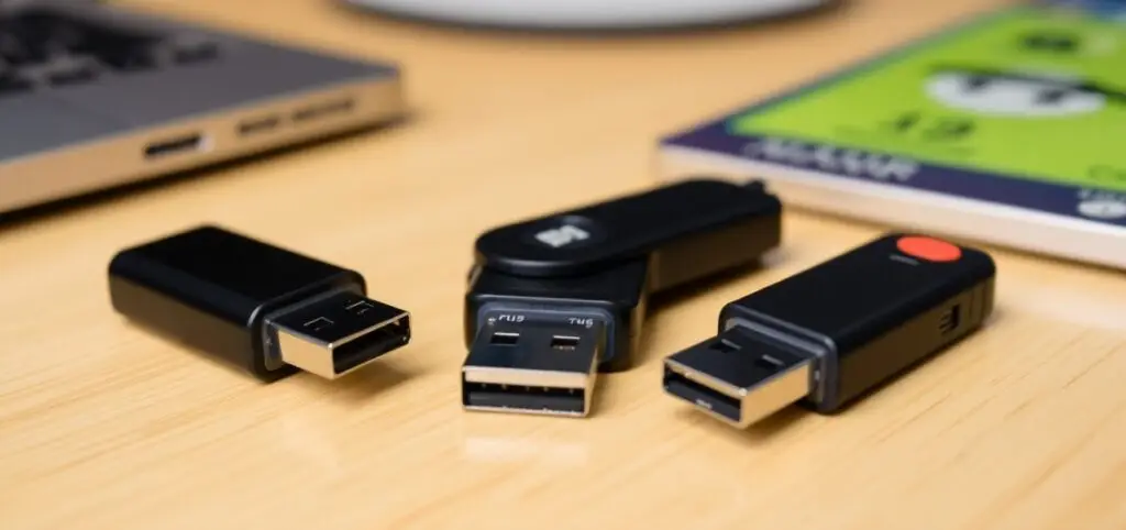 Three USB flash drives are placed on a wooden surface near a partially visible laptop and a book.