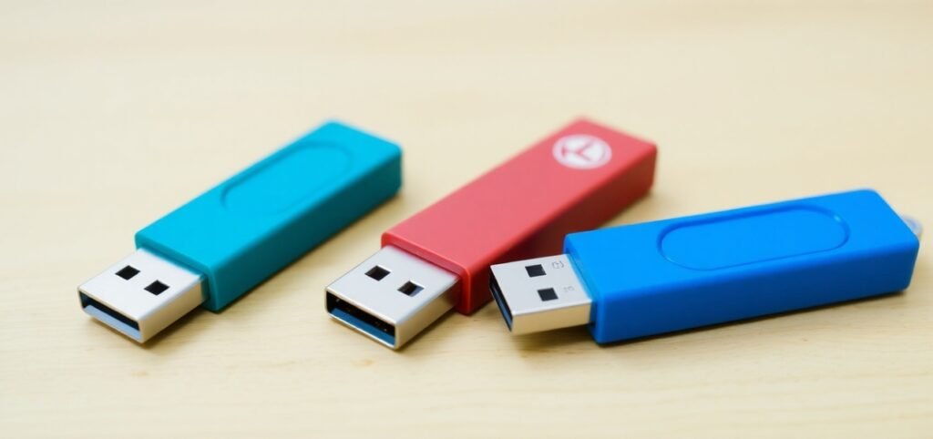 Three USB flash drives in teal, red, and blue colors are arranged on a light wooden surface.