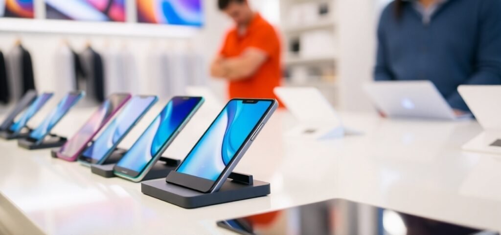 Smartphones displayed on a store counter with people browsing in the background. Tecno Mobile