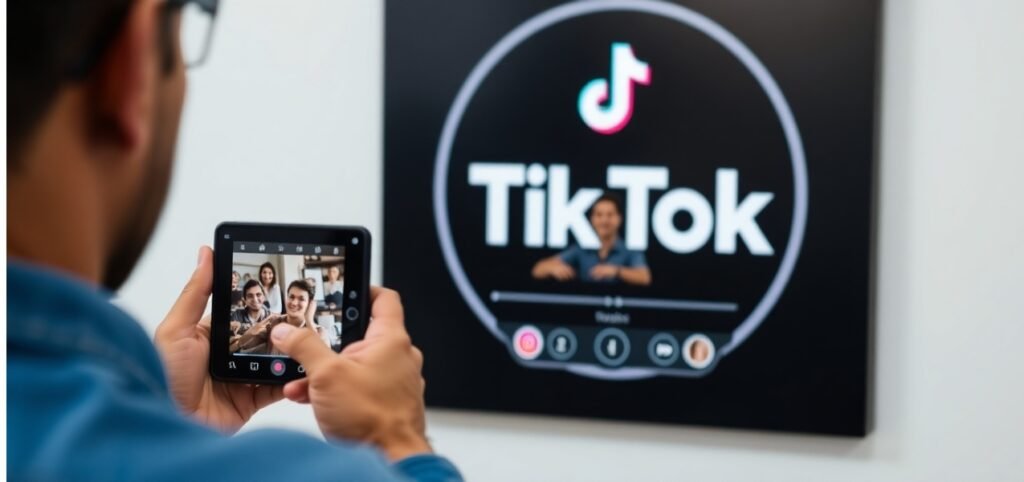 A person takes a photo of a group selfie displayed on a smartphone. In the background, there's a TikTok logo on a large screen.