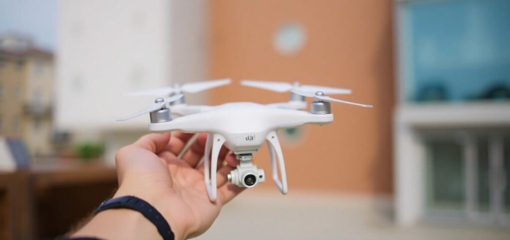 A white DJI Phantom drone is held by an individual in front of a building, showcasing a moment of preparation for aerial photography