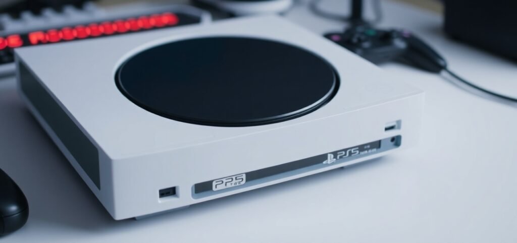 White gaming console on a desk, labeled "PS5 Disk Drive Pro," with a circular black top and adjacent gaming controller.