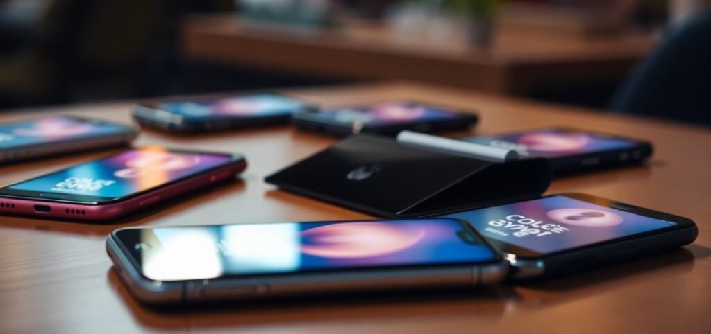 Multiple smartphones were displayed on a table, showcasing various models and colors. (Foldable Phone)